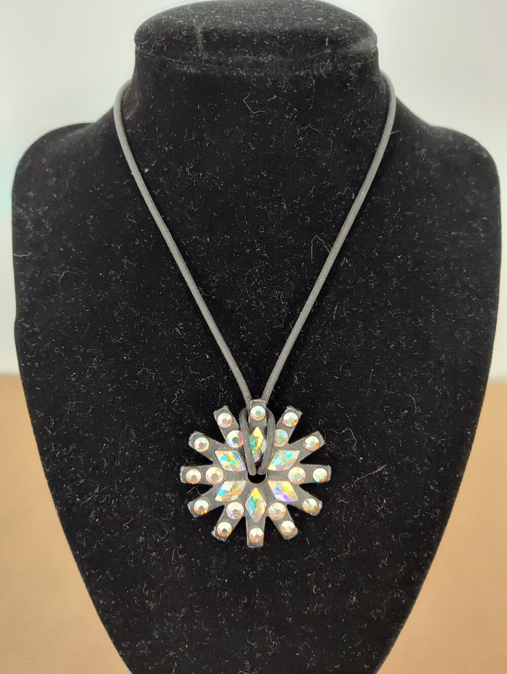 Crystal Sunburst Spur Rowel Pendant Necklace in Iridescent White